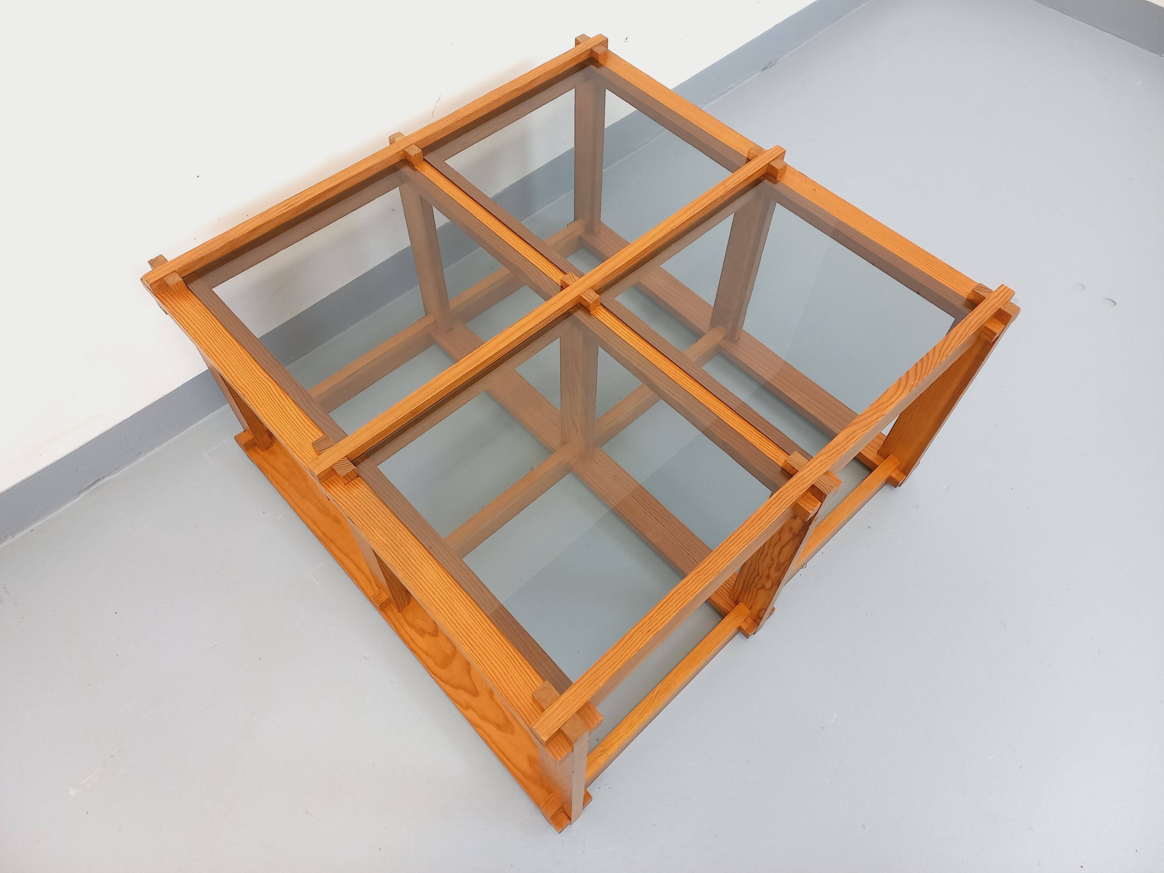 Vintage square coffee table in pine and smoked glass from the 70s and 80s.