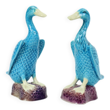 Vintage Duck Figurine Figure Couple Blue Chinese Porcelain 12cm