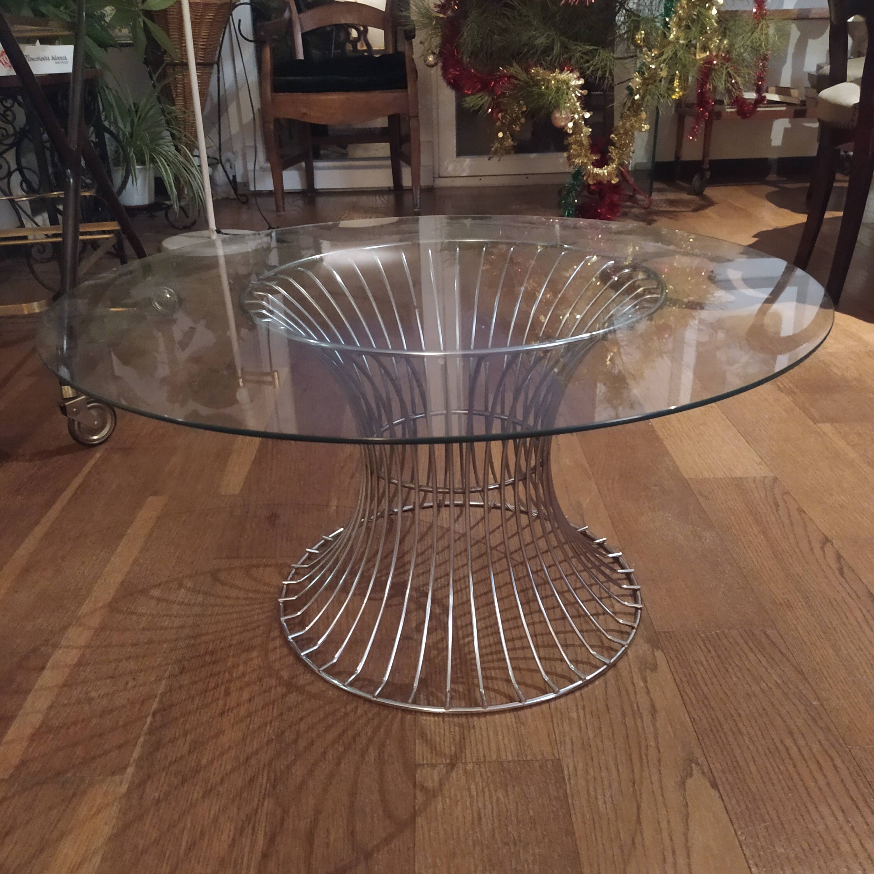 vintage 70s round designer coffee table with wire base