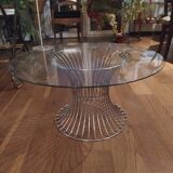 vintage 70s round designer coffee table with wire base