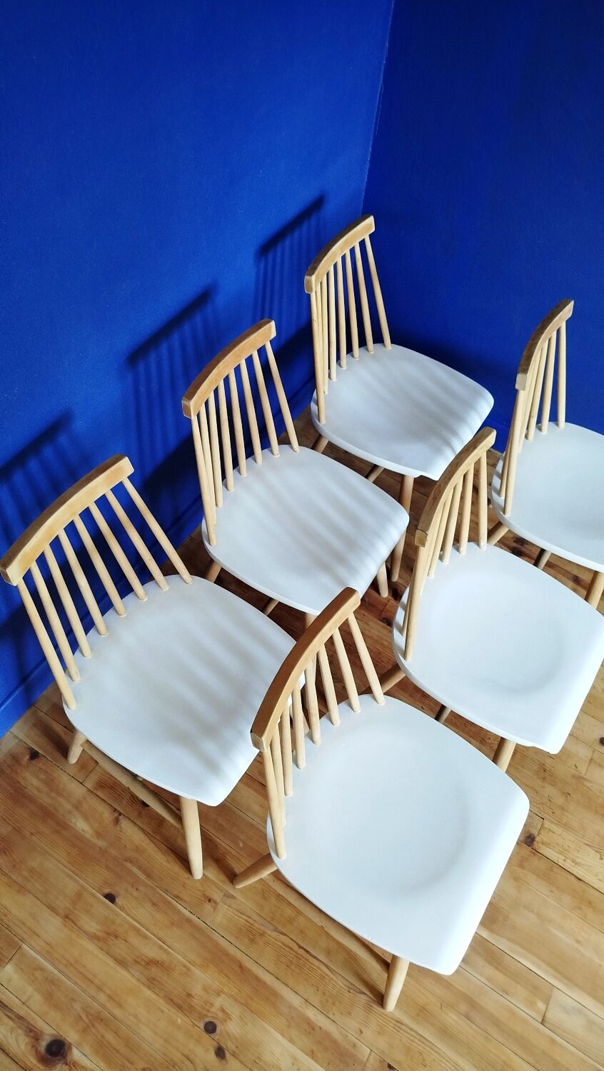 6 vintage wooden and white chairs