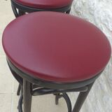 4 professional bistro stools with burgundy red imitation top in solid curved wood in the