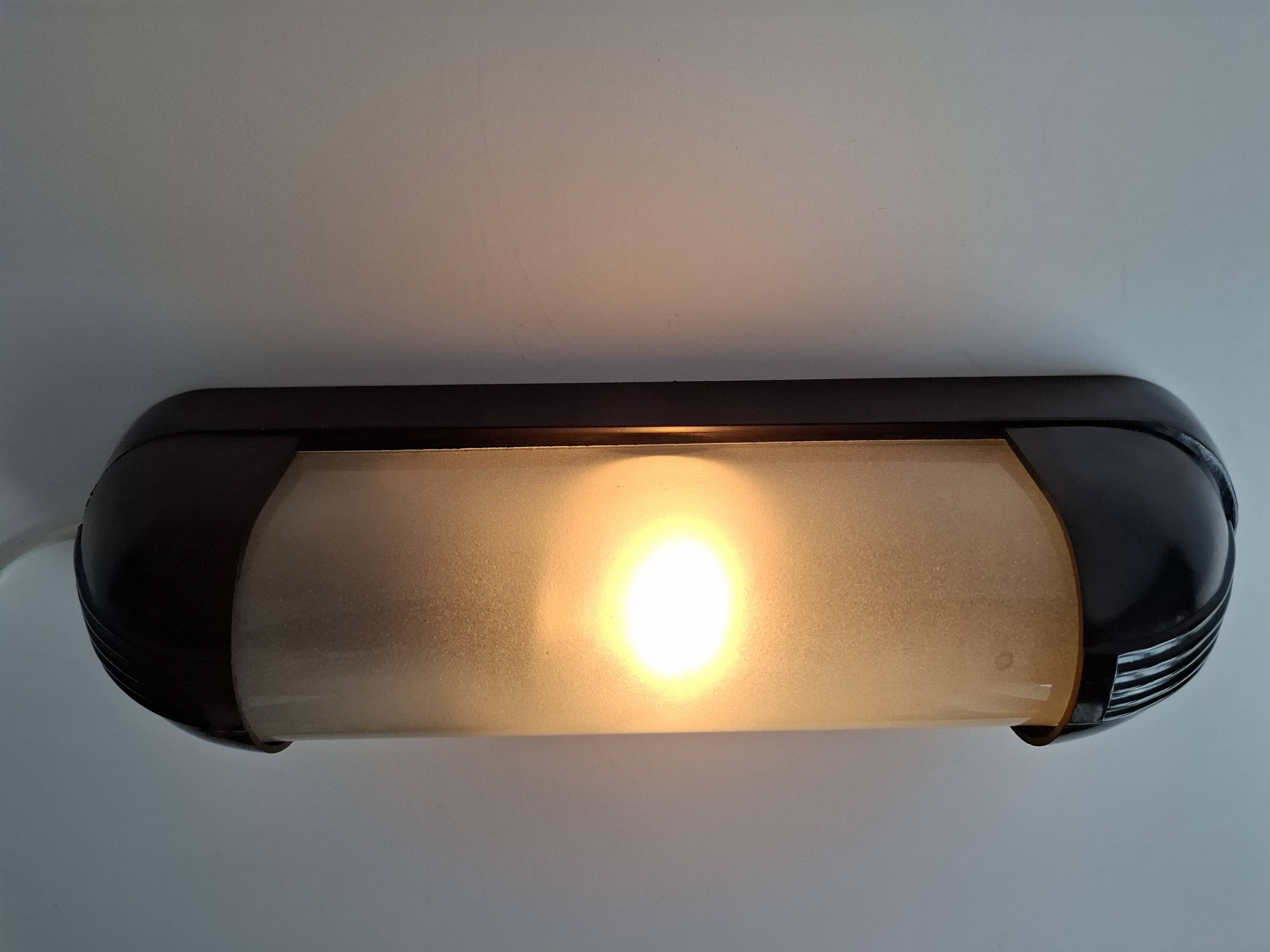 1930s Czechoslovak Art Deco Bakelite Wall Lamp with Frosted Glass