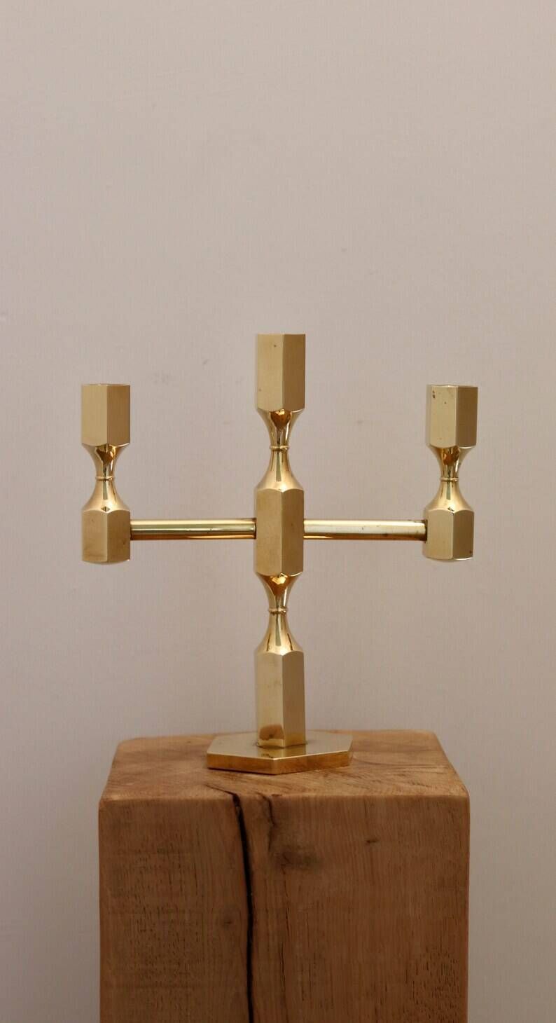 Vintage Swedish Three-Arm Brass Candleholder by Gusum, circa 1974