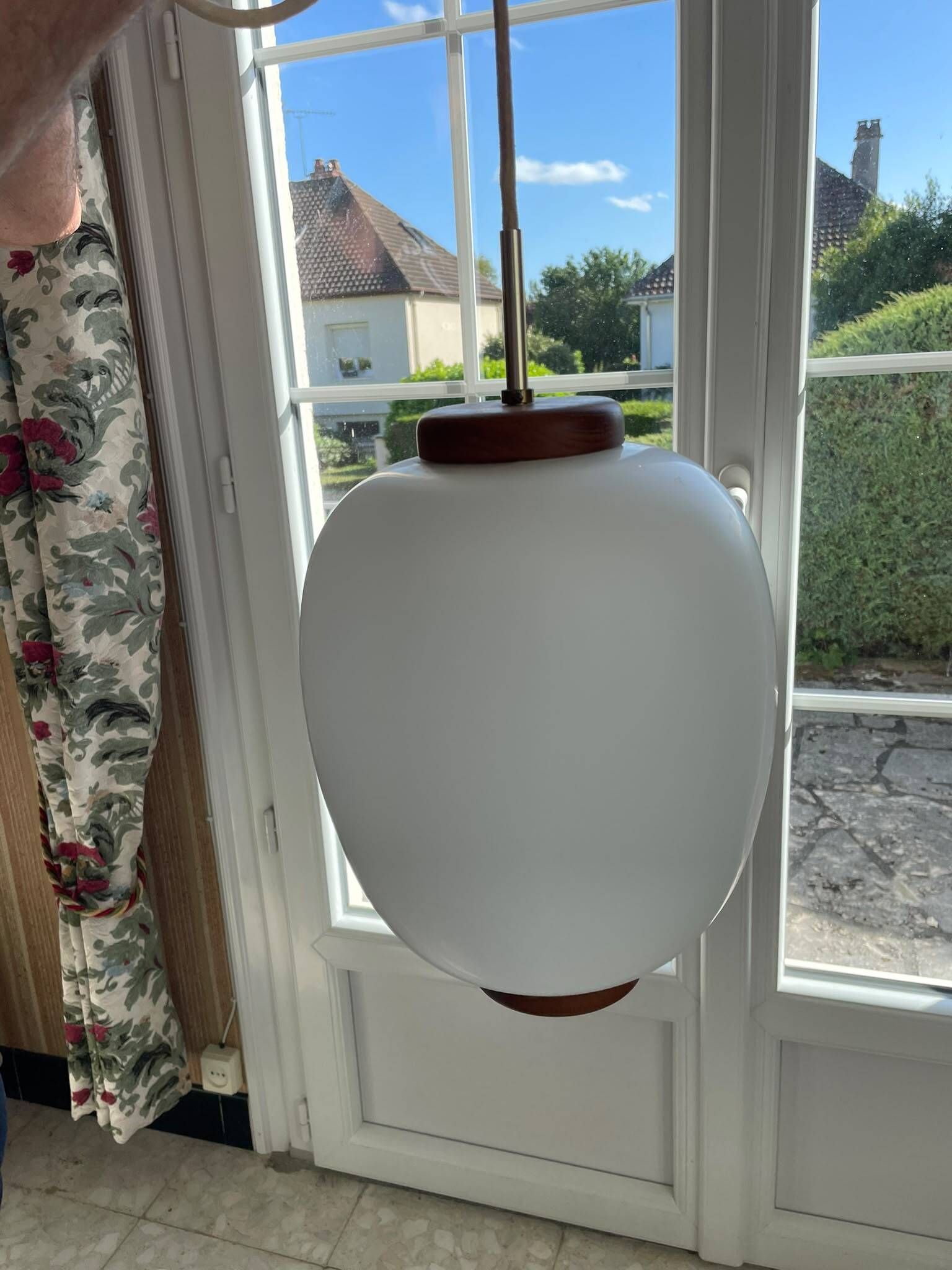 Suspension design Bent Karlby, Lyfa edition 1960s. Opaline glass, teak.