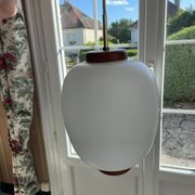Suspension design Bent Karlby, Lyfa edition 1960s. Opaline glass, teak.