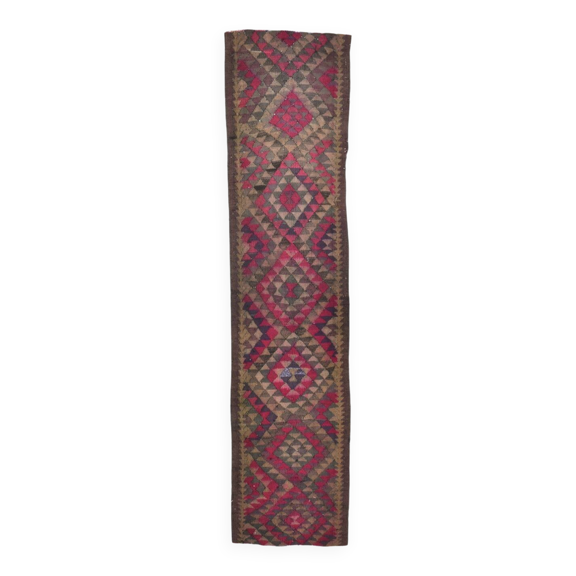 Burgundy Geometric Tribal Kilim Runner Rug, 80x342Cm