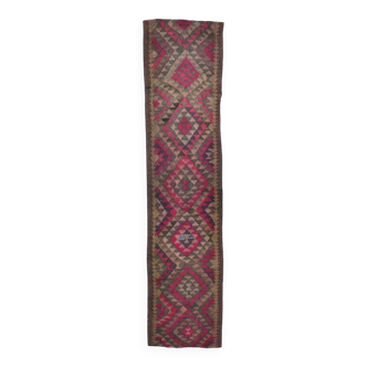 Burgundy Geometric Tribal Kilim Runner Rug, 80x342Cm