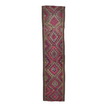 Burgundy Geometric Tribal Kilim Runner Rug, 80x342Cm