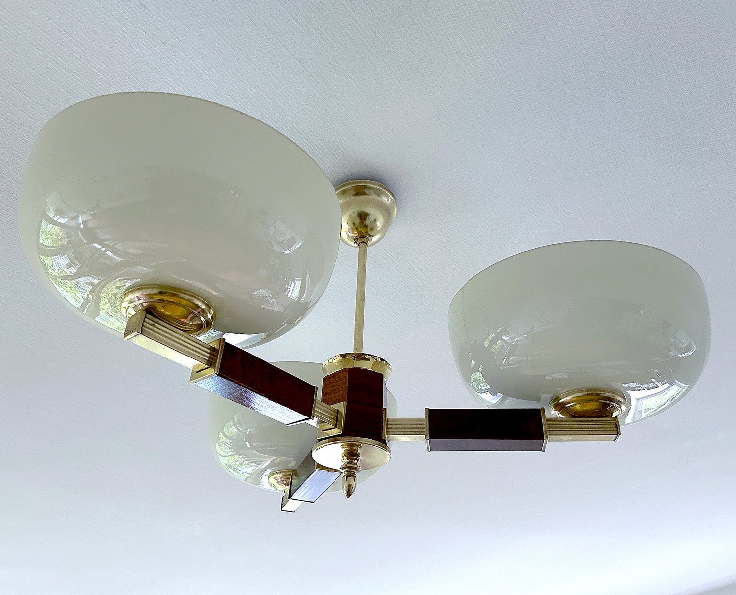 Large Art Deco pendant light in wood and glass, 1930s