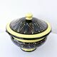Large Breton Bowl HB Quimper Beaded Black And Yellow Earthenware Lid Handle