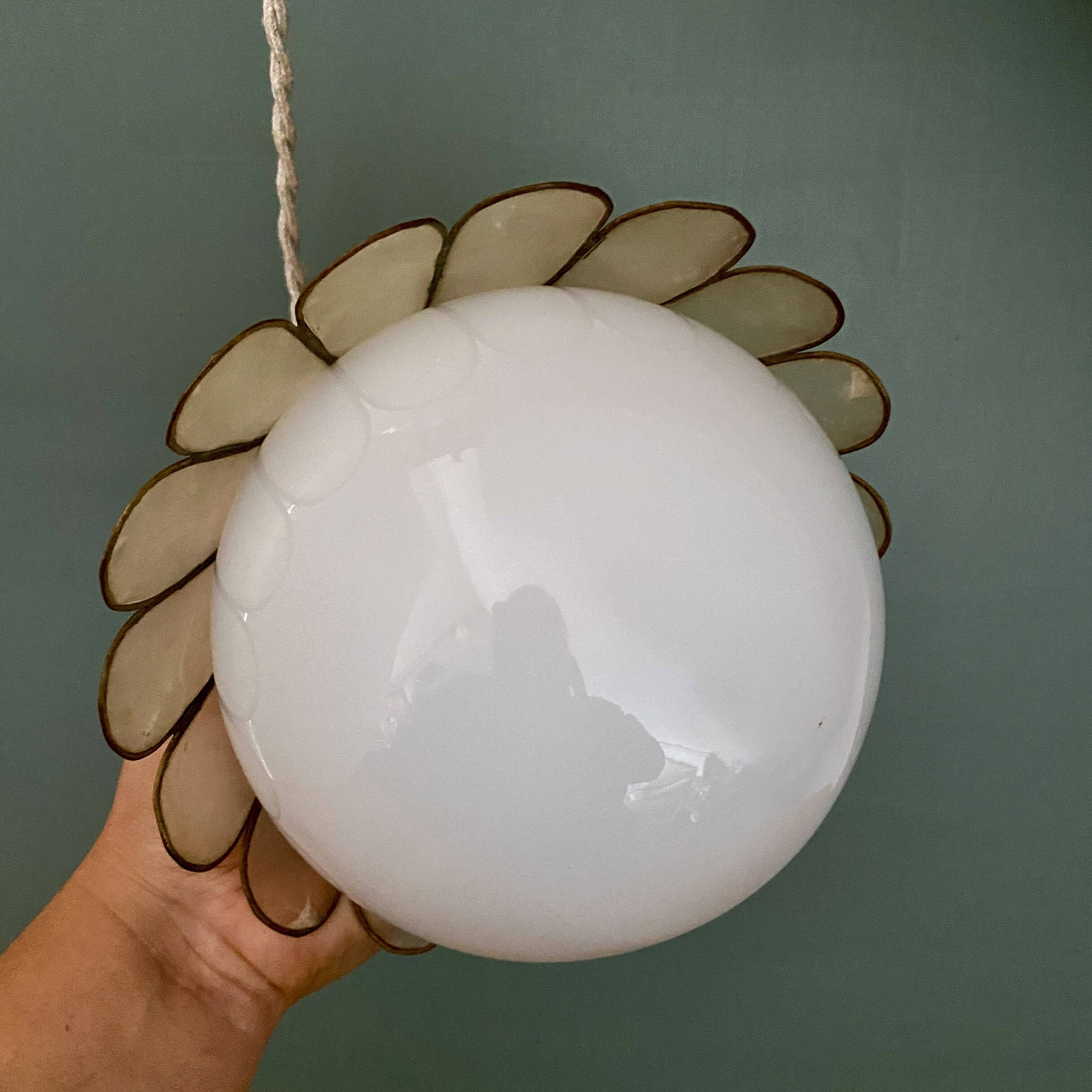 Globe pendant light and vintage lampshade in opaline and mother-of-pearl