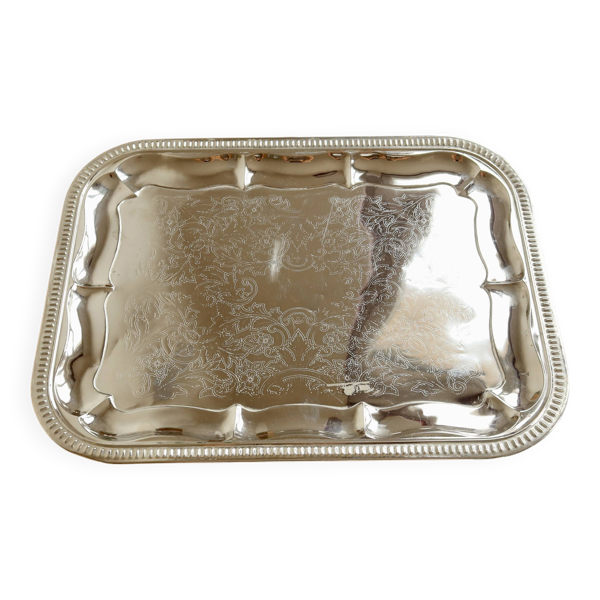Plateau de service vintage rectangulaire métal argenté – Décor gravé