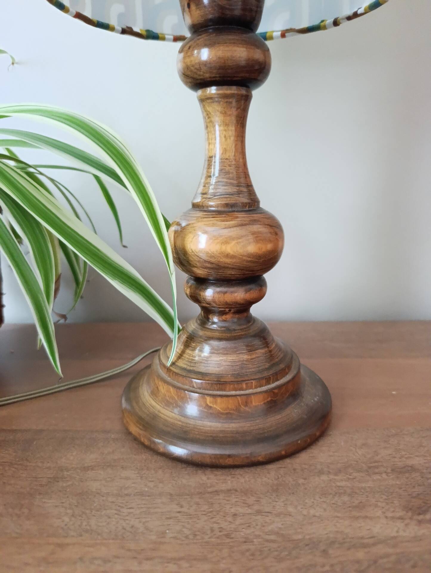 vintage turned wood lamp, seventies graphic lampshade