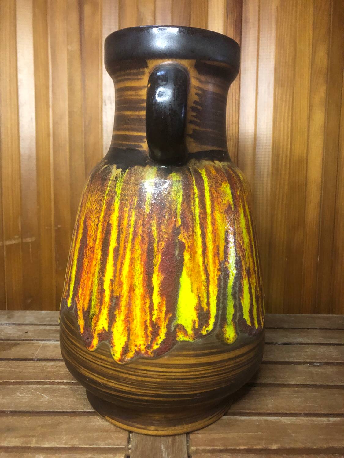 Old Vase With Handles ST CLÉMENT France Ceramic Brown & Orange Vintage #A412