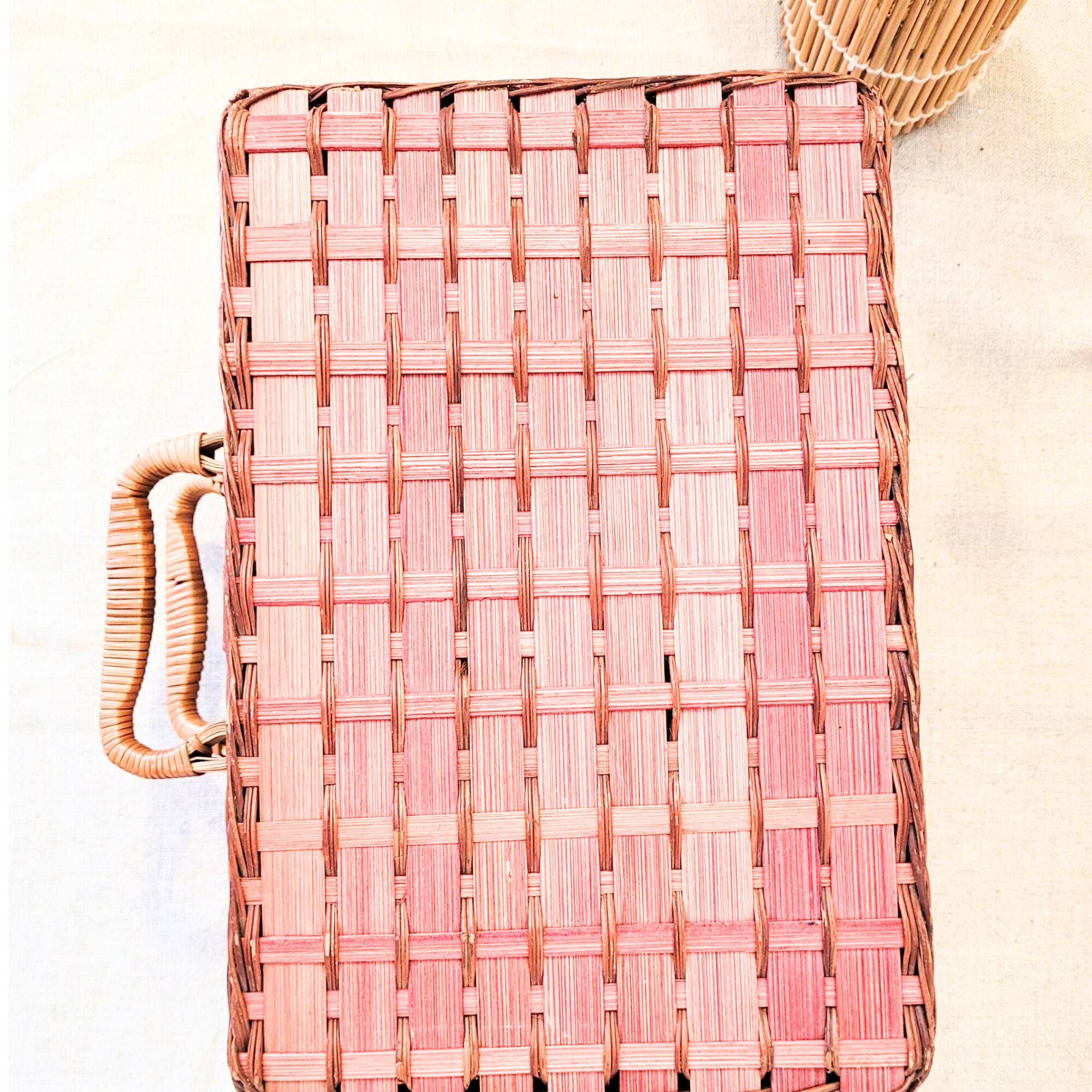 Vintage red woven wicker briefcase with leather buckle - rattan