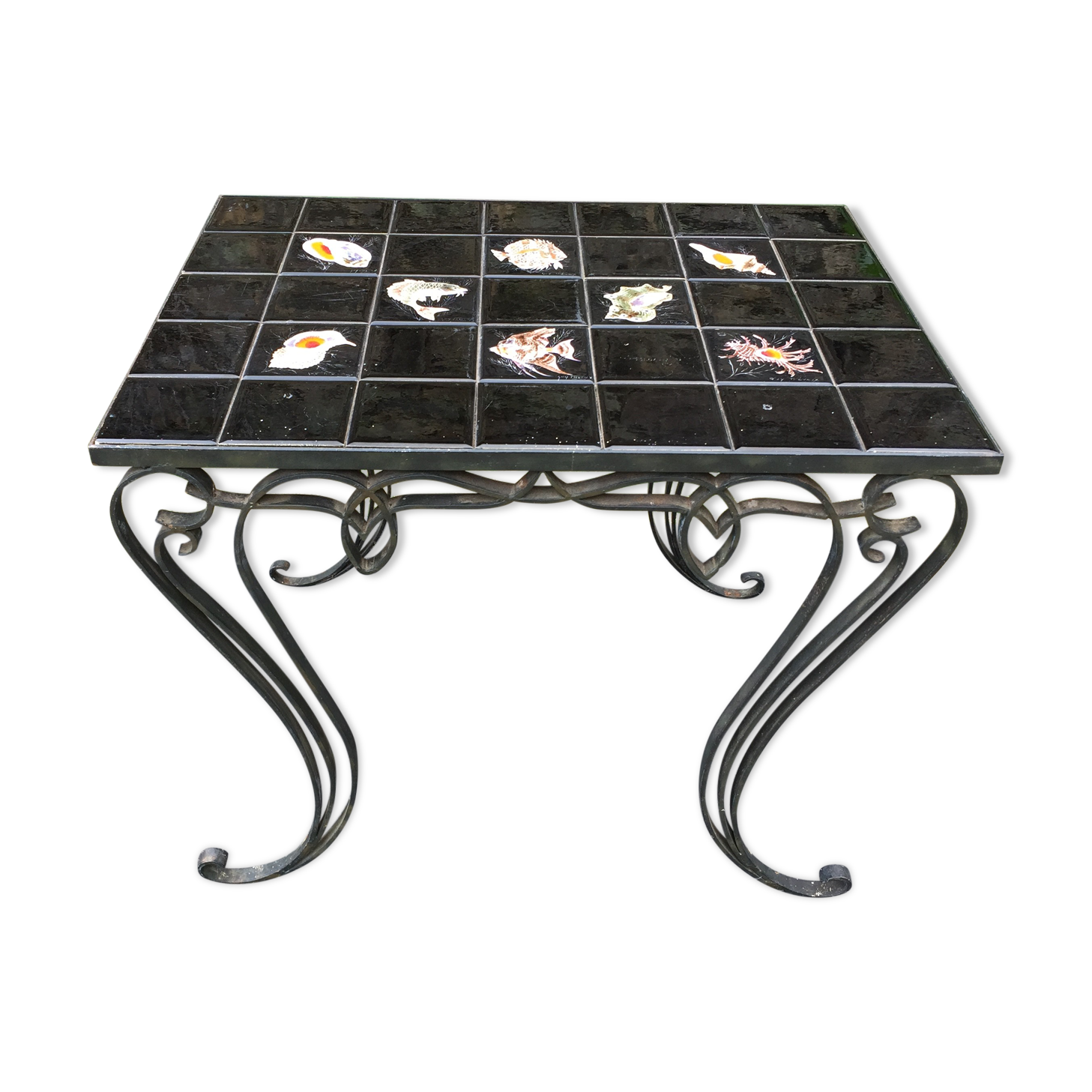 Vintage ceramic coffee table by Guy Trévoux with wrought iron base.