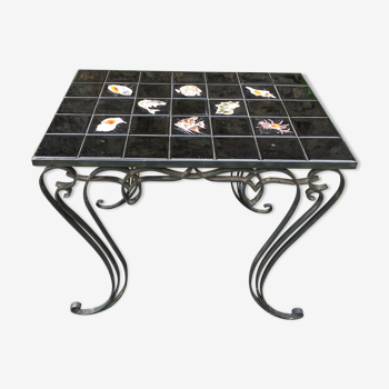 Vintage ceramic coffee table by Guy Trévoux with wrought iron base.