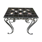 Vintage ceramic coffee table by Guy Trévoux with wrought iron base.