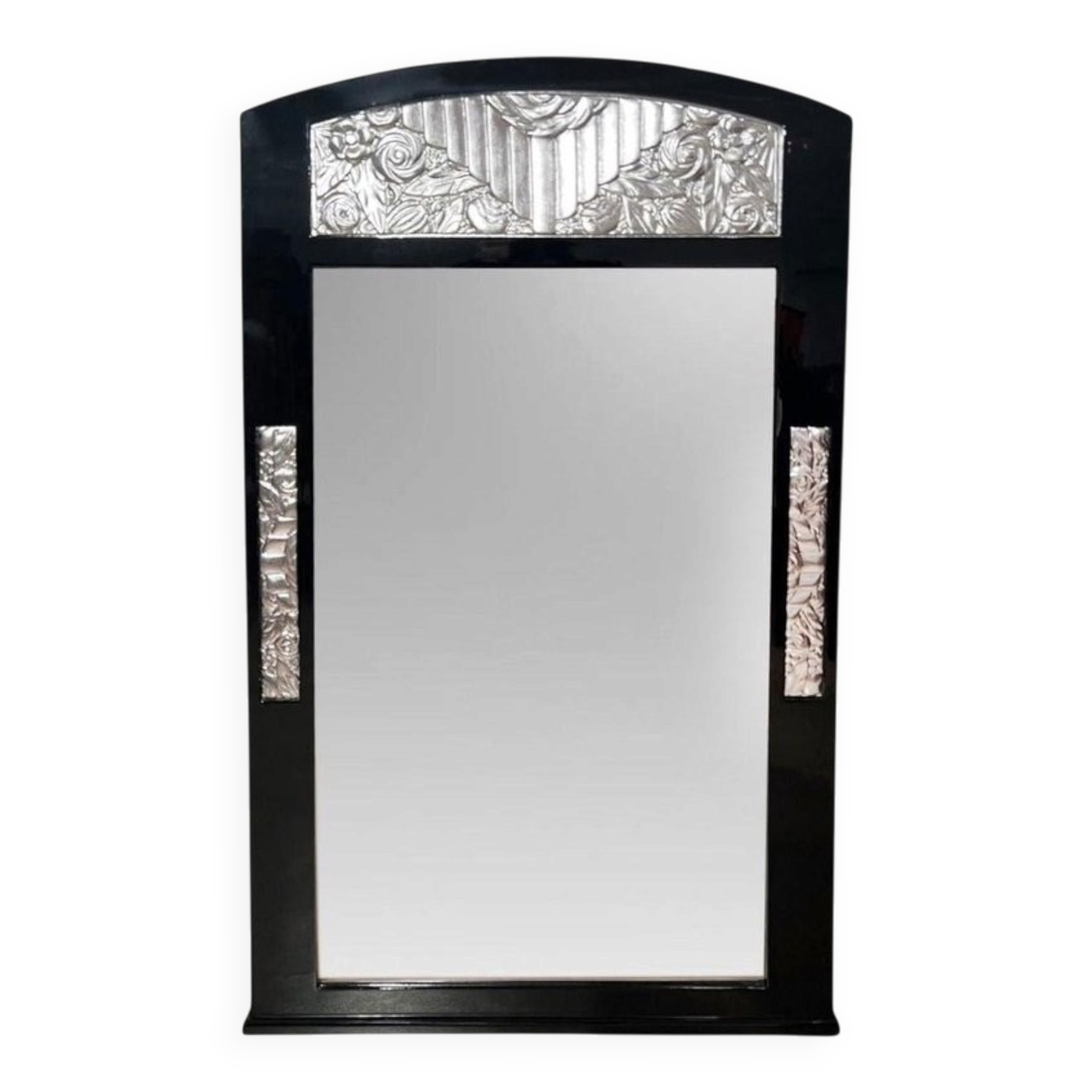 Art Deco Wall Mirror in Black Lacquer & Silver Leaf, France, 1930s