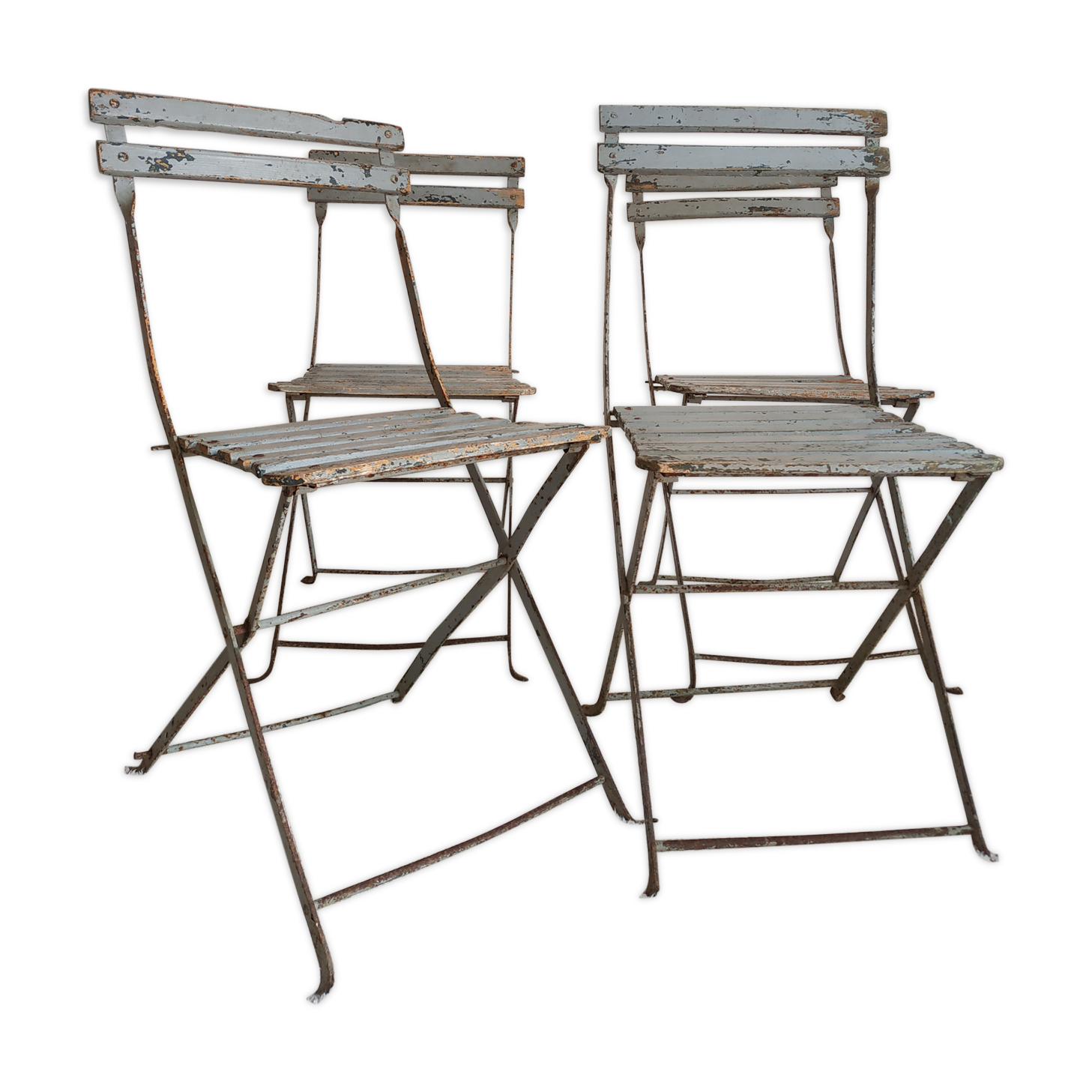 Patinated garden folding chairs - metal and wood -