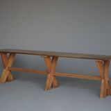 Pair of rustic cherry & oak wood Farmhouse X-frame benches, 1940s