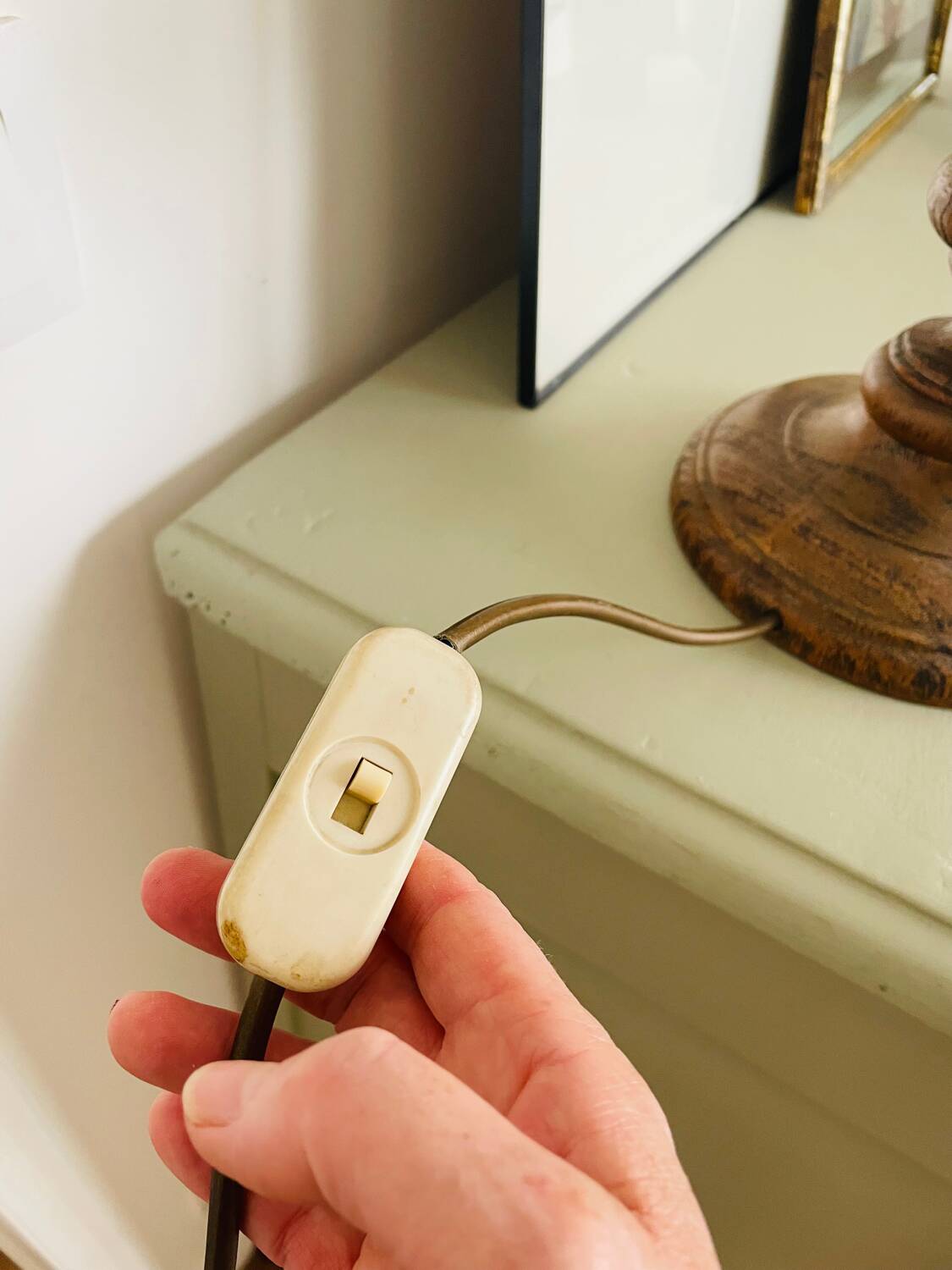 Large vintage lamp with turned wooden base, wool and rope striped lampshade