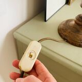 Large vintage lamp with turned wooden base, wool and rope striped lampshade