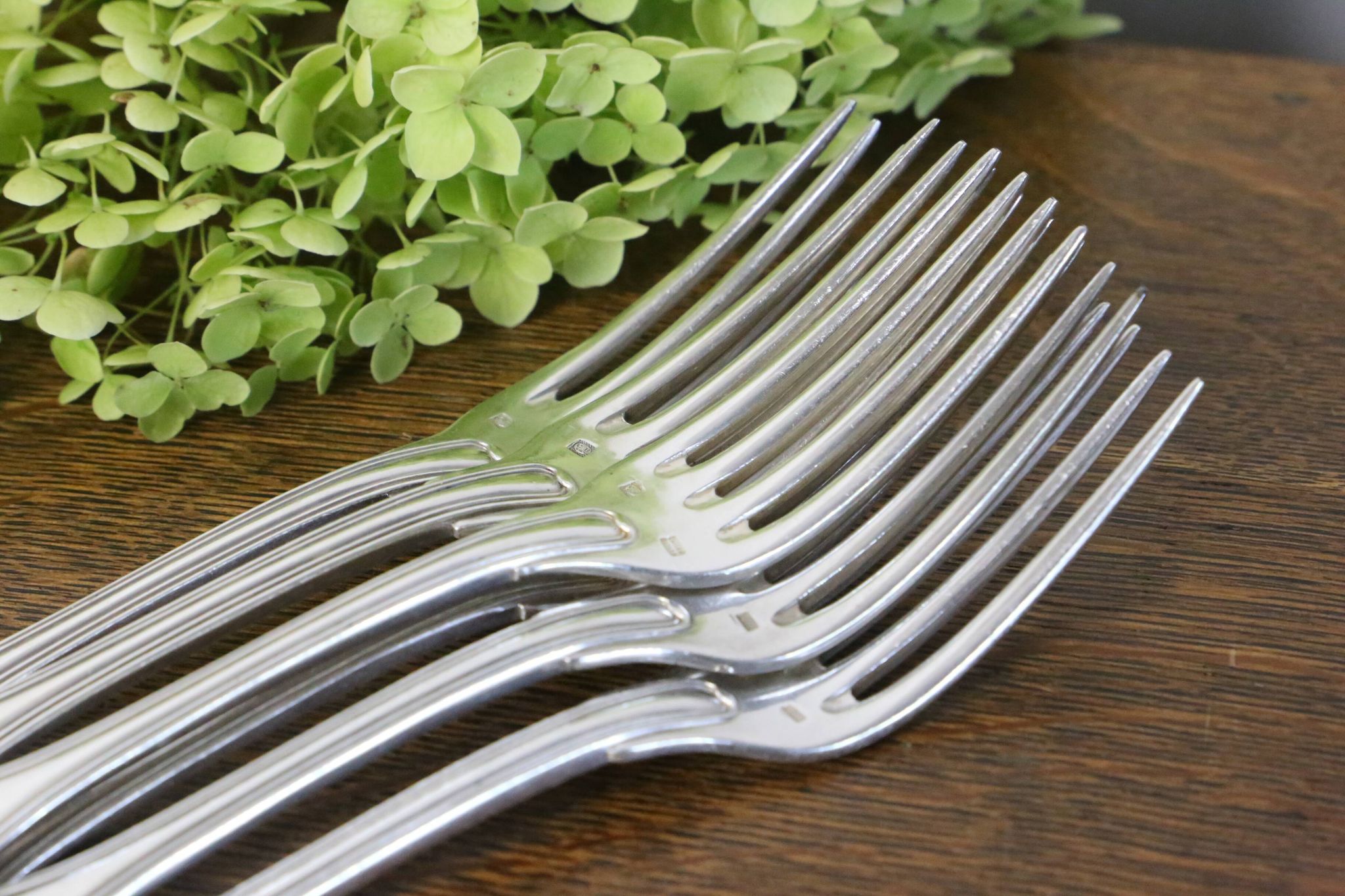Set of 6 Cailar Bayard dessert forks, Coquille, monogrammed, early 20th century