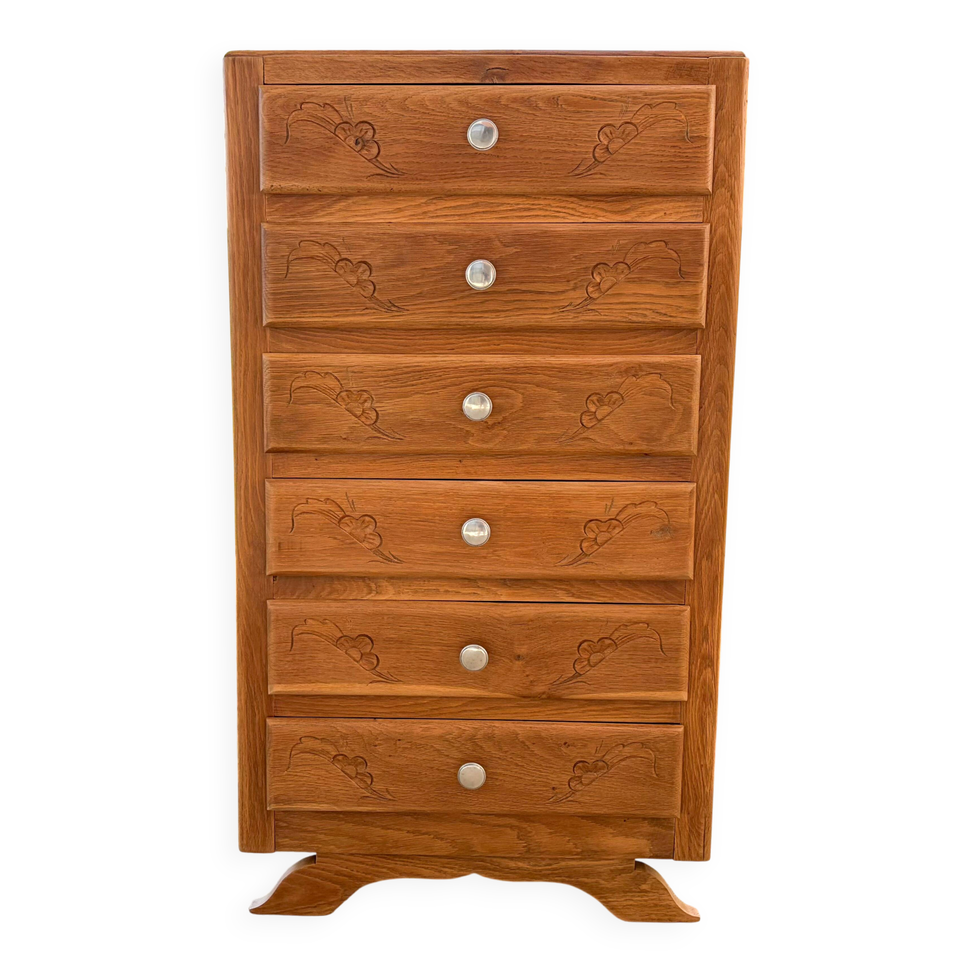 Art Deco chest of drawers with 6 oak drawers, claw feet, 1930s/40s.