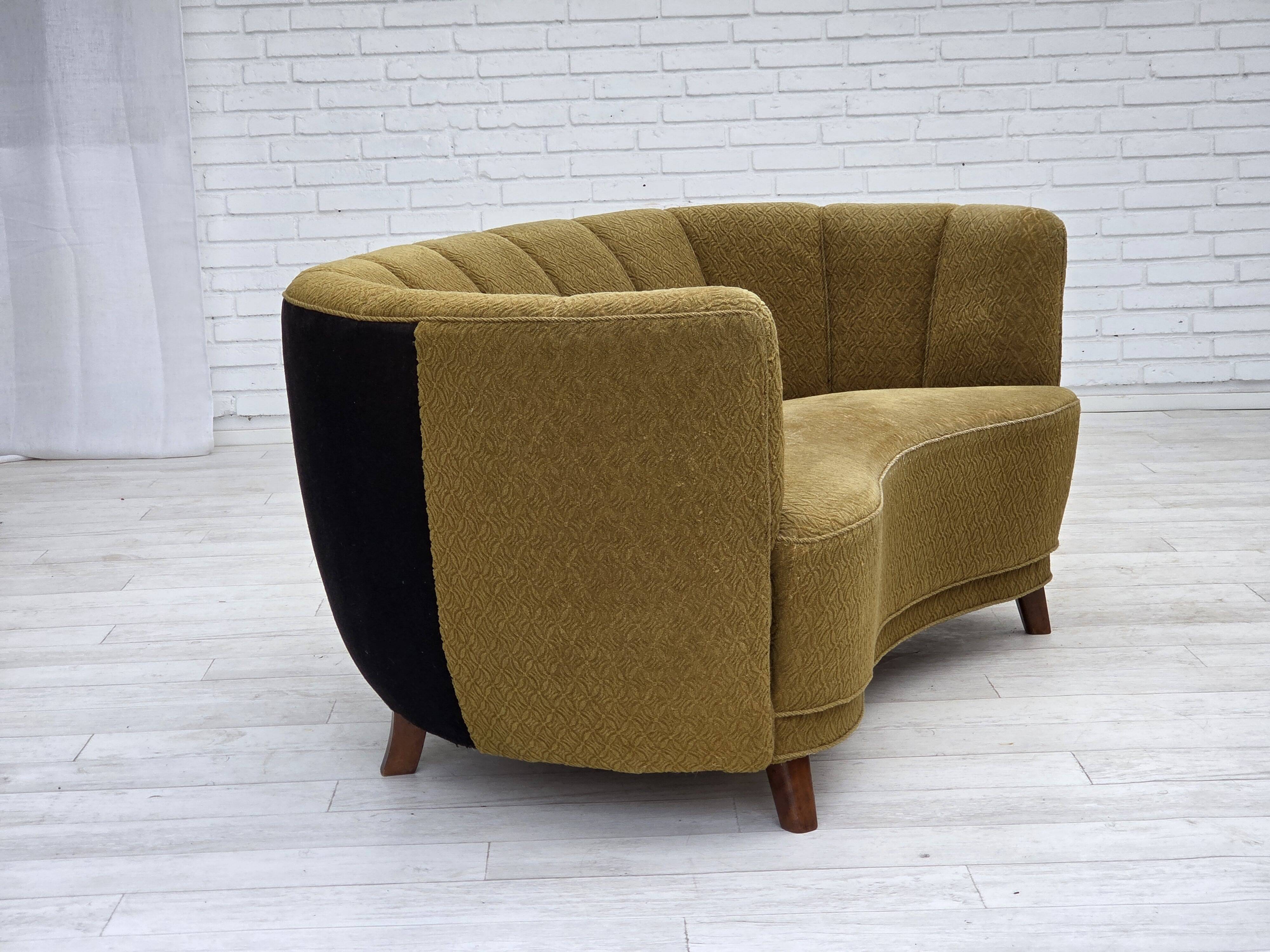 1960s, Danish 2-seater "Banan" sofa, green furniture wool, ash wood.