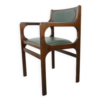 60s armchair in wood and dark green imitation leather