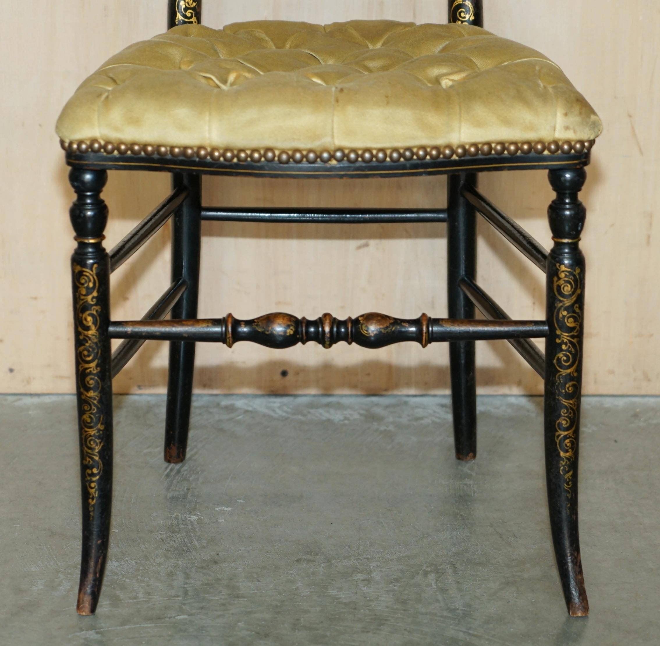 Regency Antique 1815 Occasional Chair in Ebonised Wood, Mother of Pearl, Silk and Chesterfield Upholstered Seat