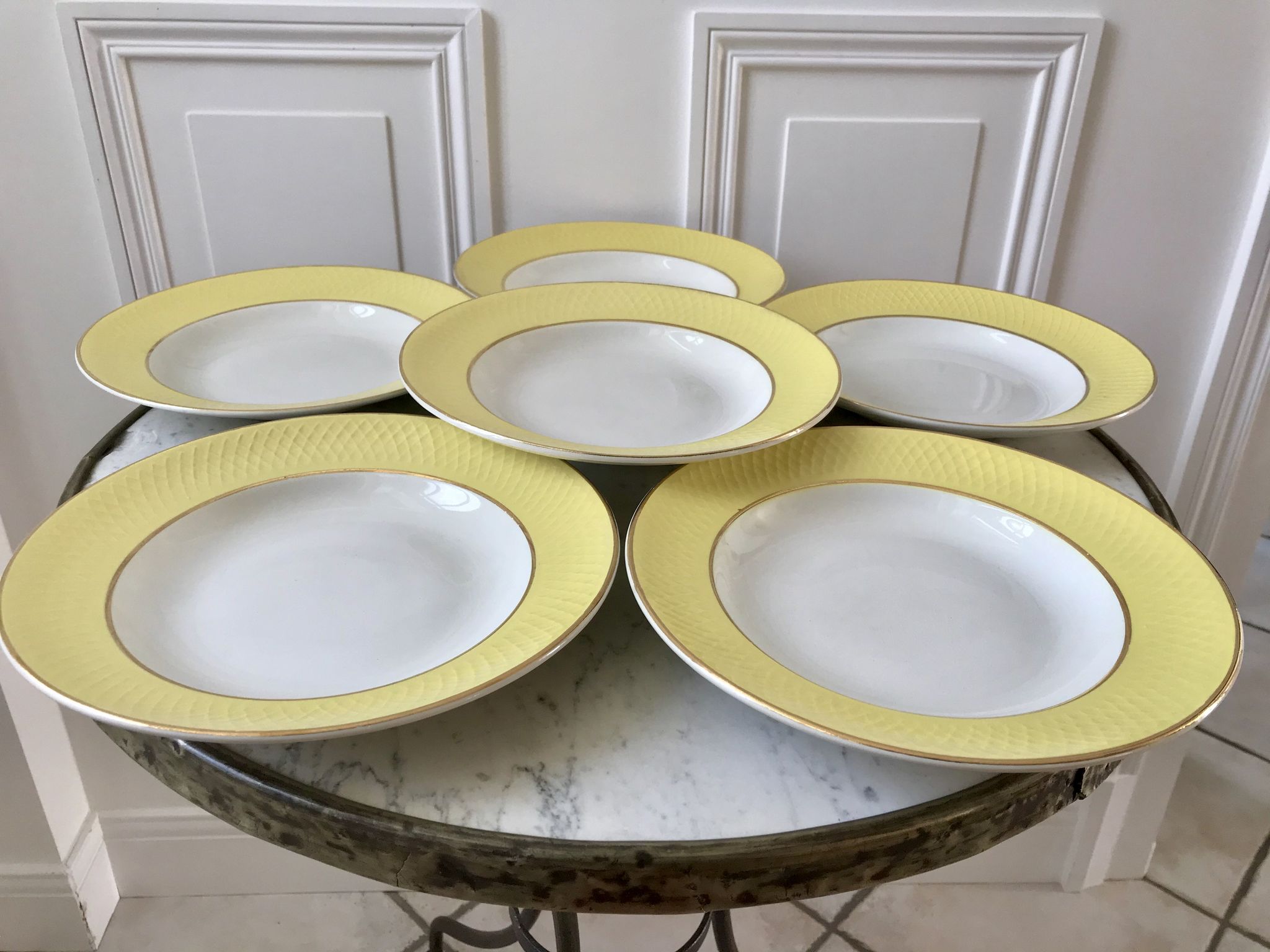 lot of 6 hollow plates Moulin des Loups textured canary yellow 50s