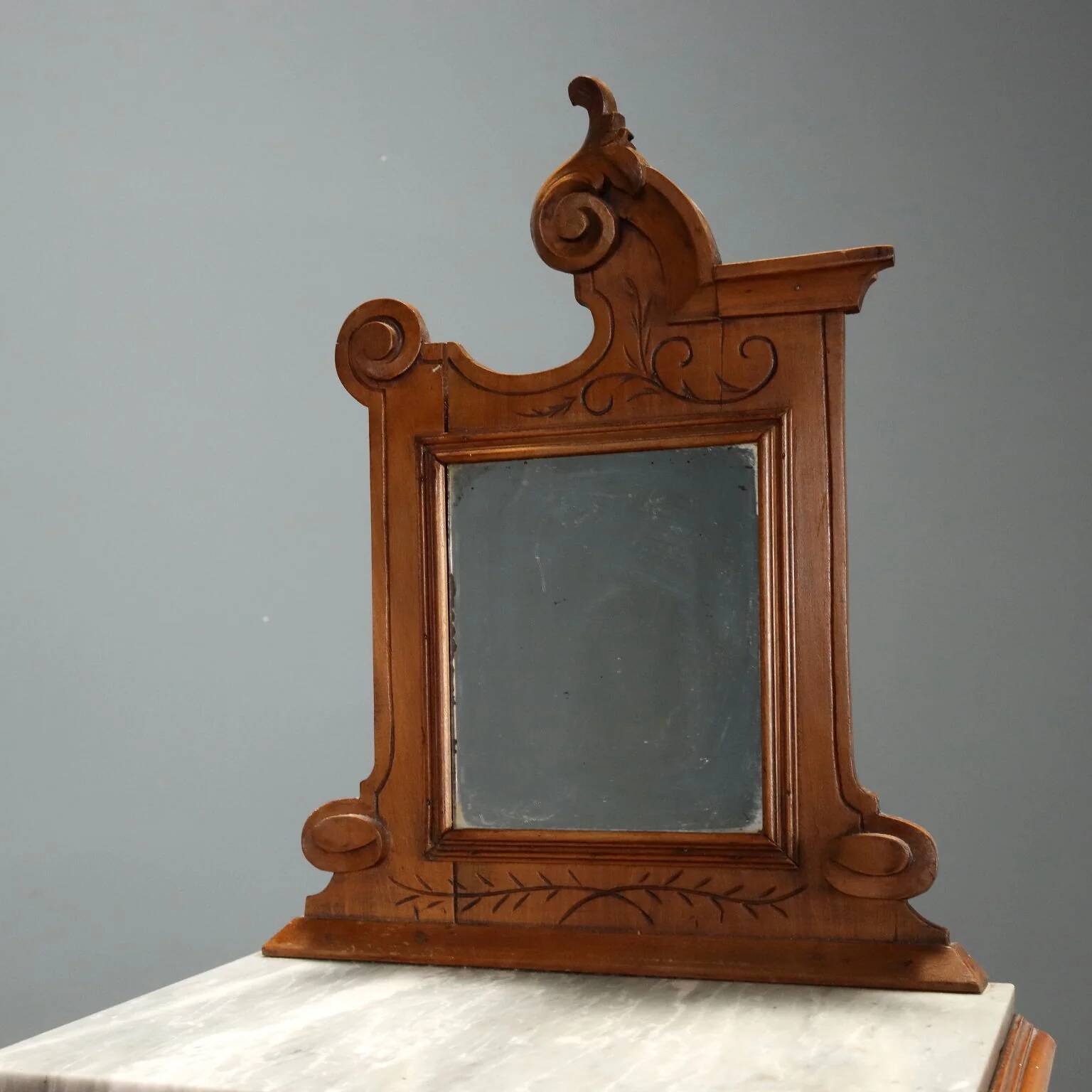 Antique walnut bedside tables with grey marble, Italy, 19th century.