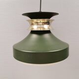 Hanging lamp in green lacquered metal with golden “ring” and bottom grille.