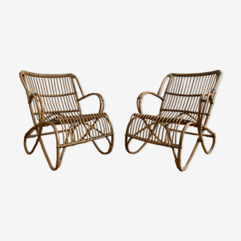 Pair of vintage 50s armchairs in rattan and wicker adult size