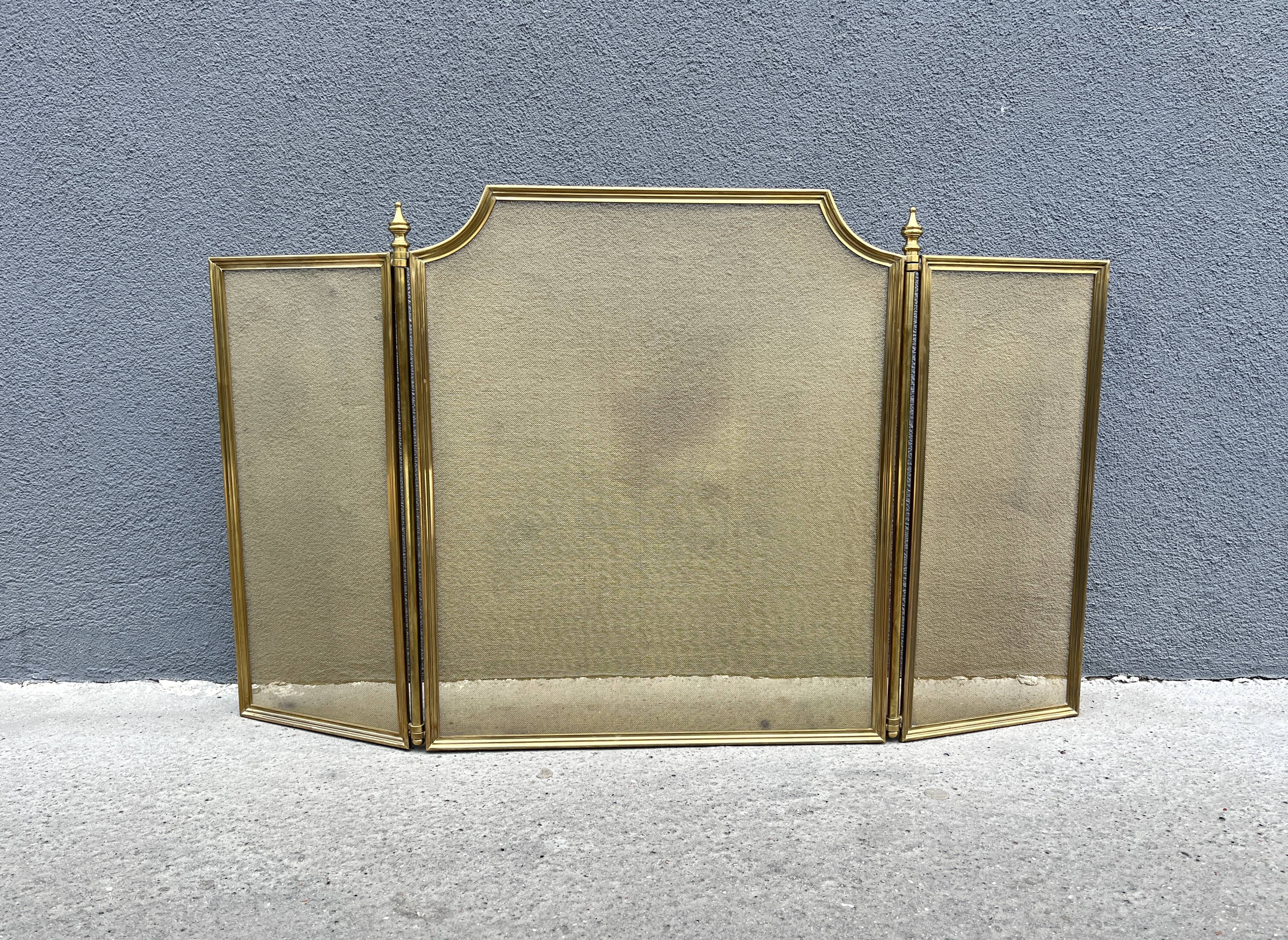 1930s brass fireplace screen, antique 3-panel spark guard