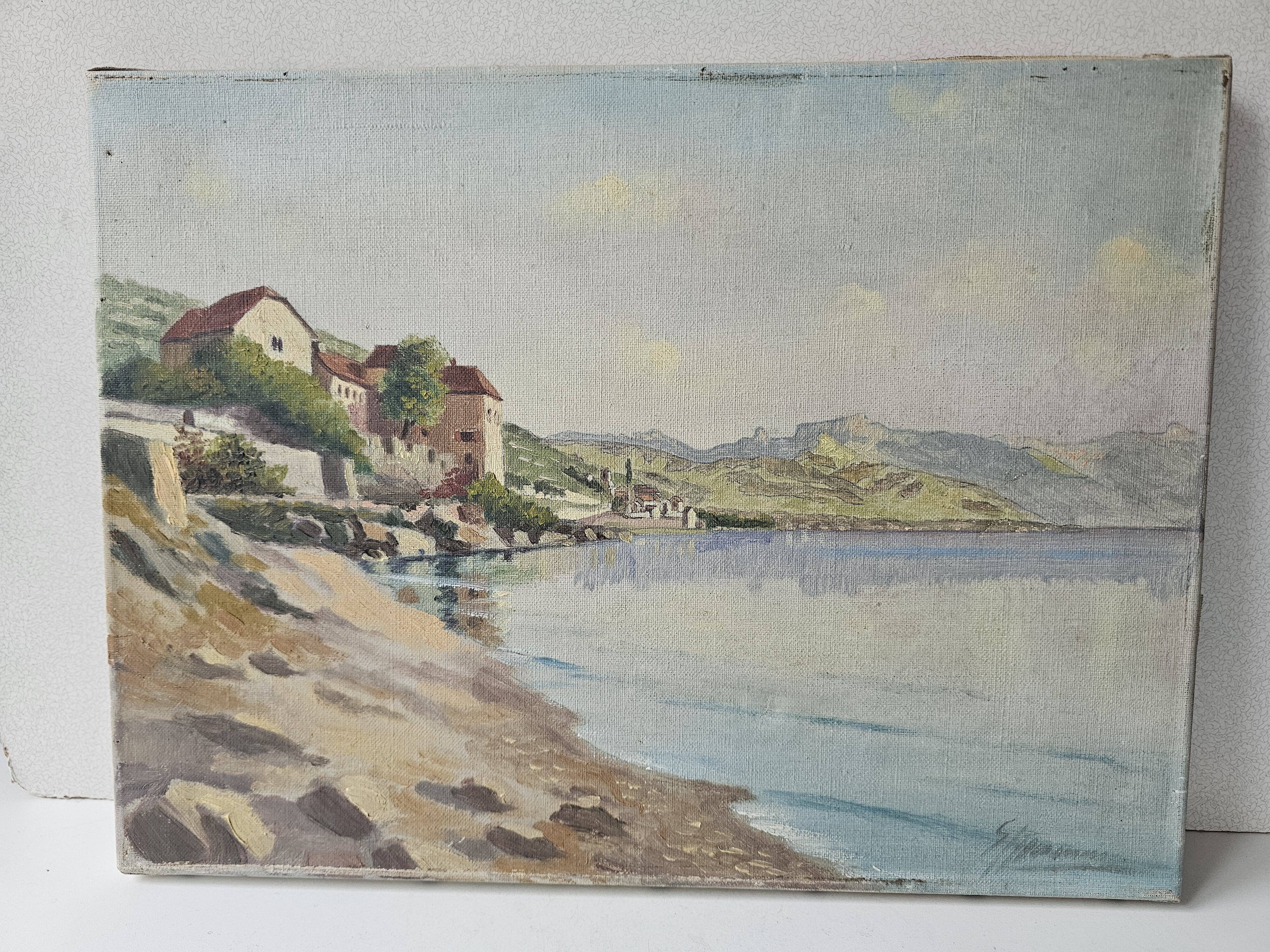 Old painting - Oil on canvas Lake Geneva Chateau de Glérolles (Switzerland)