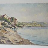 Old painting - Oil on canvas Lake Geneva Chateau de Glérolles (Switzerland)