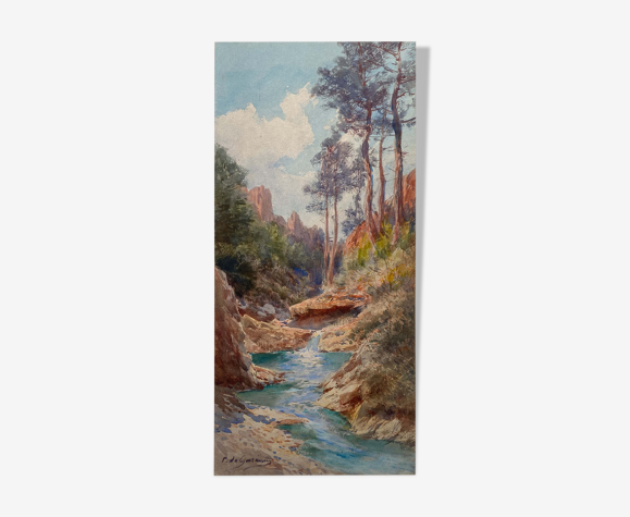 Tableau Aquarelle Orientaliste (ou Corse) Marine Oued P. de Garavan