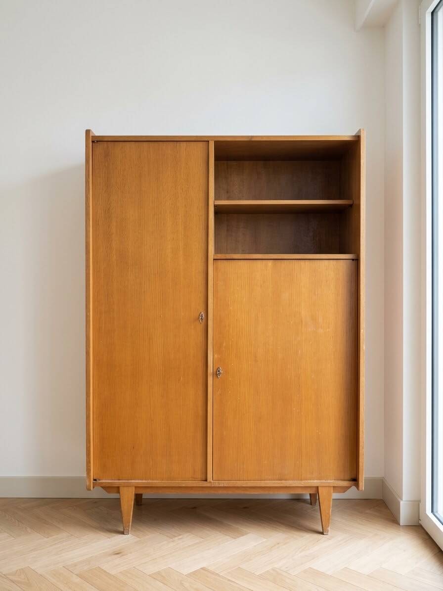 Vintage 1960s wooden wardrobe with tapered legs.