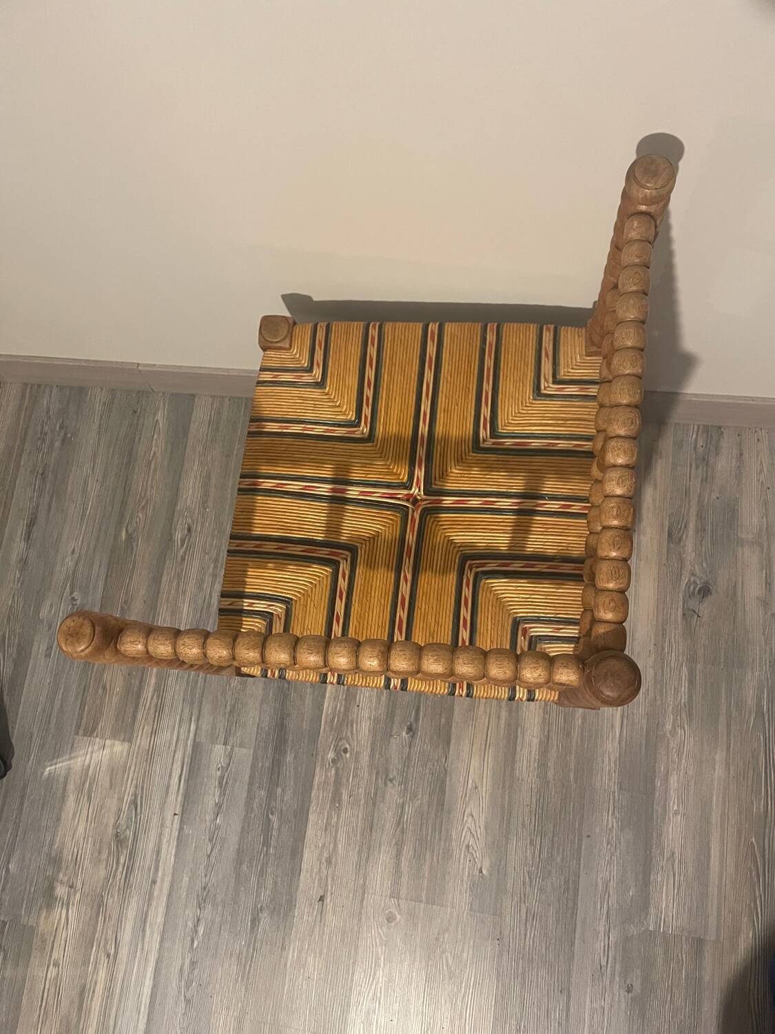 Vintage Art Deco Bobbin Wood and Straw Corner Chair, 1930s