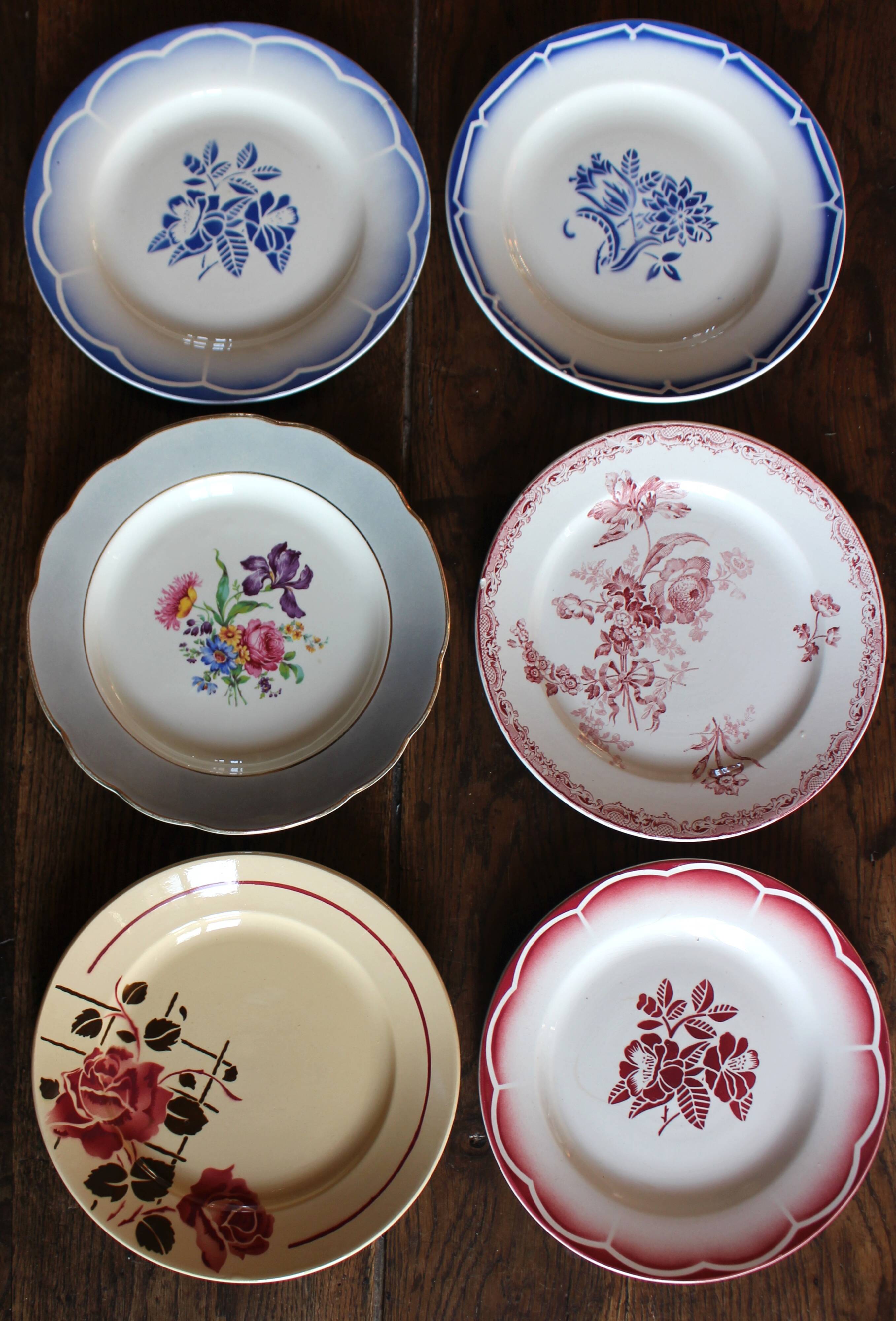 6 mismatched flat plates Marsac Canebière Fontanges Digoin Sarreguemines