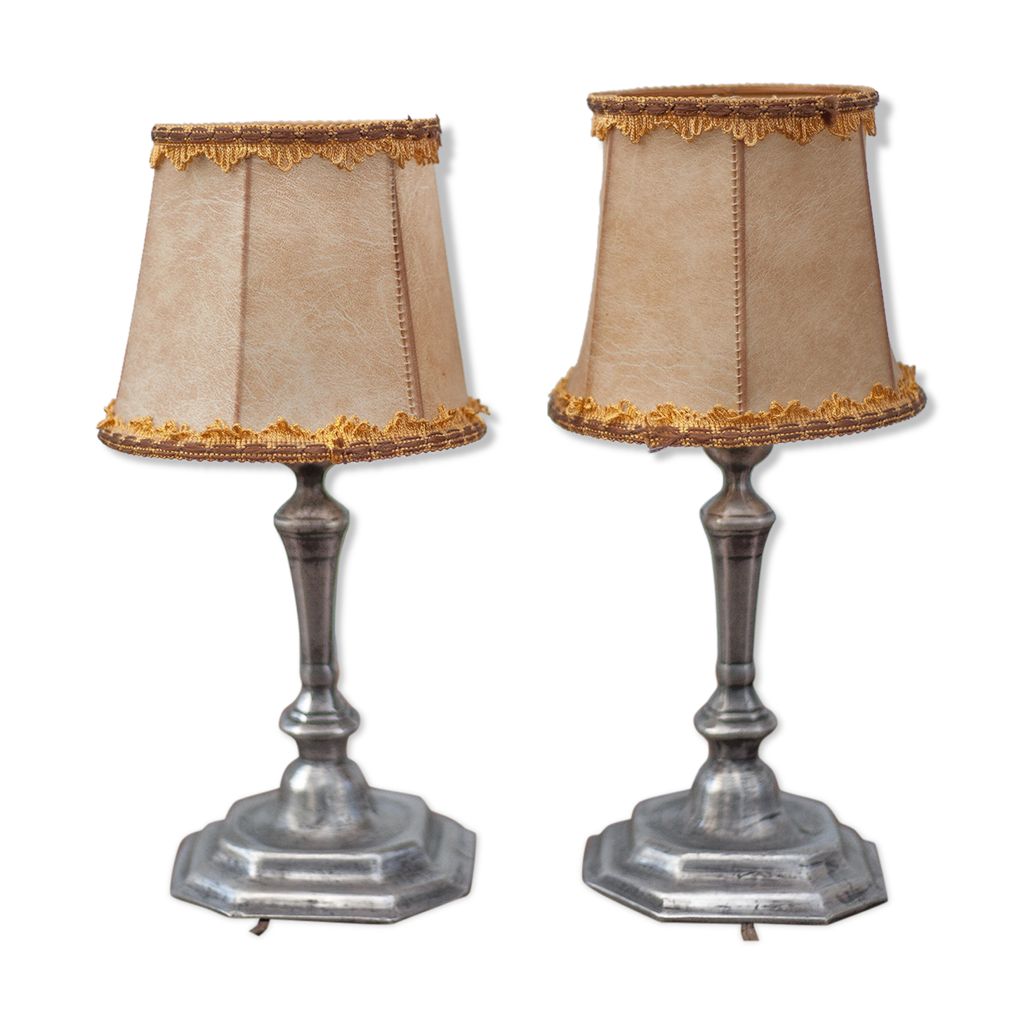 Vintage lamp pair, bedside lamp, tin lamp stand with lampshade, interior décor