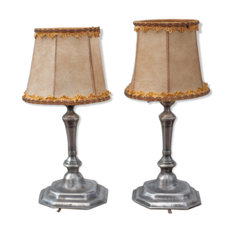 Vintage lamp pair, bedside lamp, tin lamp stand with lampshade, interior décor
