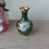 Miniature vase in black and gold cloisonné brass with peonies and flowers decor Vintage