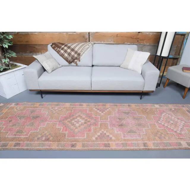 Vintage Turkish Hand-Knotted Wool Cotton Pink Runner92x335
