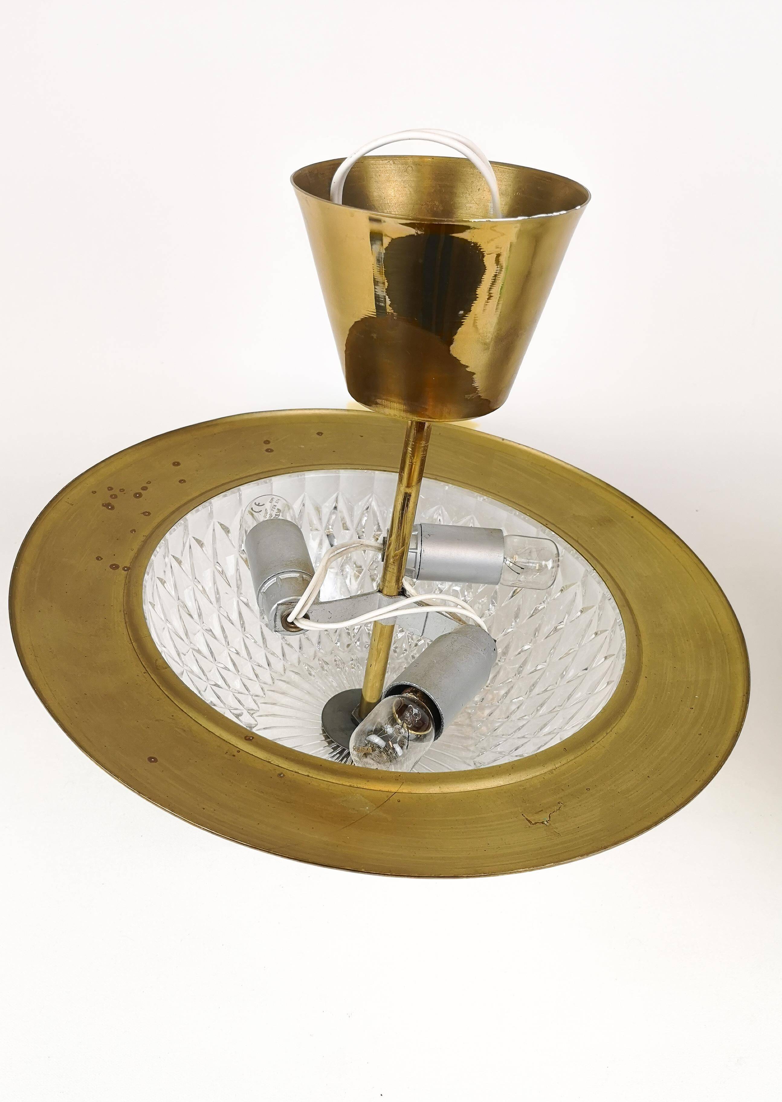 Brass and Crystal Ceiling Lamp from the 1960s by Tyringe for Orrefors, Sweden