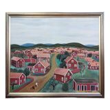Peinture à l’huile de paysage de style naïf suédois du milieu du siècle, encadrée